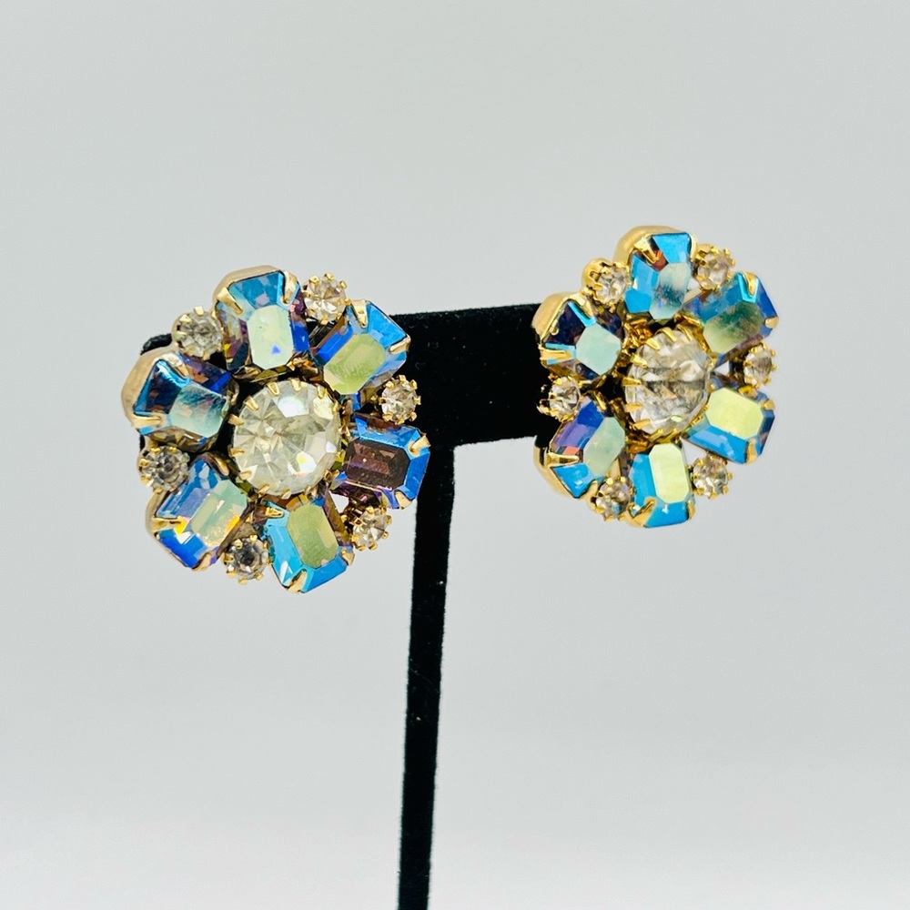 Vintage clip on earrings aurora borealis blue rhinestones gold tone